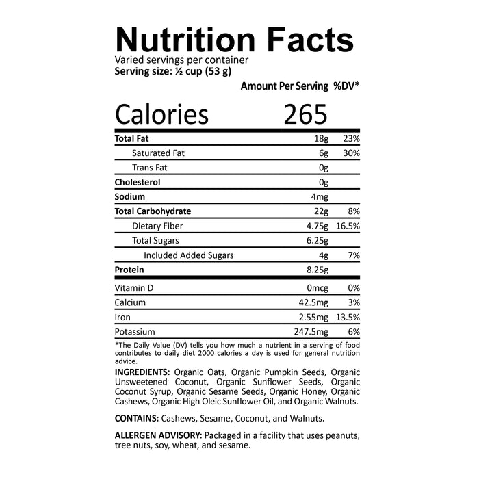Gluten free, organic granola ingredients and nutrition facts