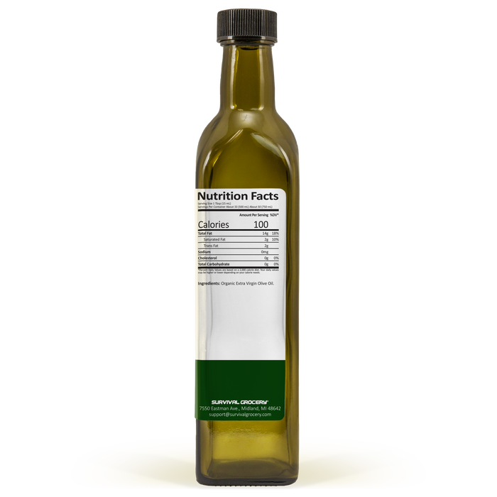 Organic Extra Virgin Olive Oil in glass bottle, side