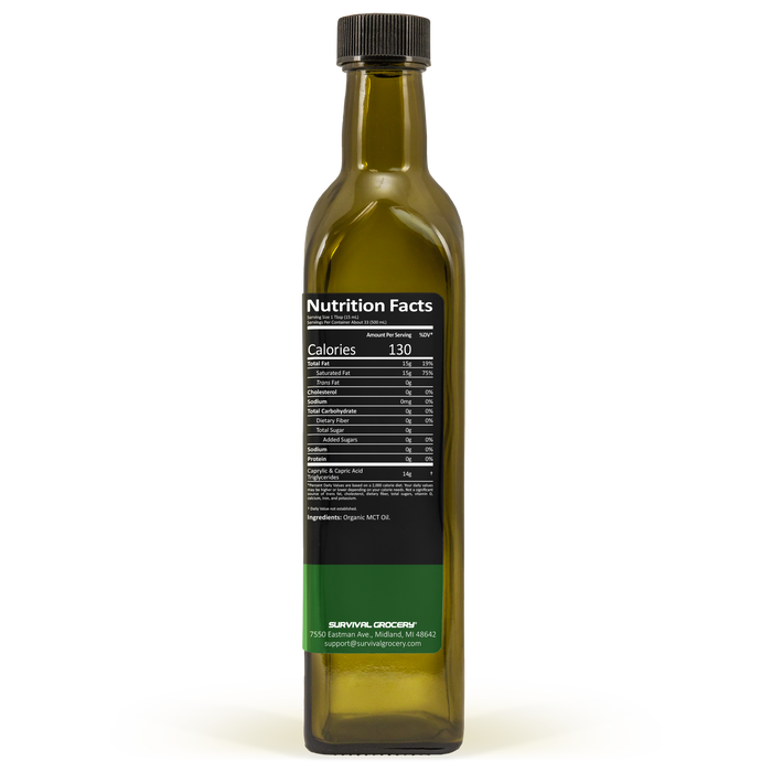 Organic MCT Oil in glass bottle, side